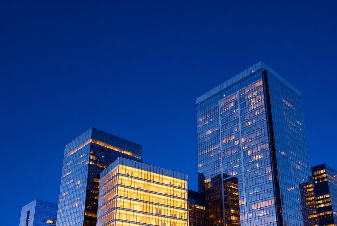 Commercial office towers at dusk