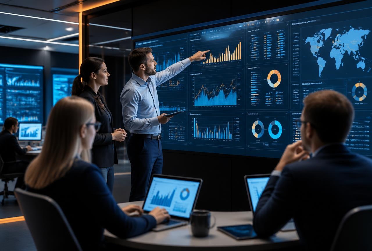 Team reviewing data dashboards in a modern operations center