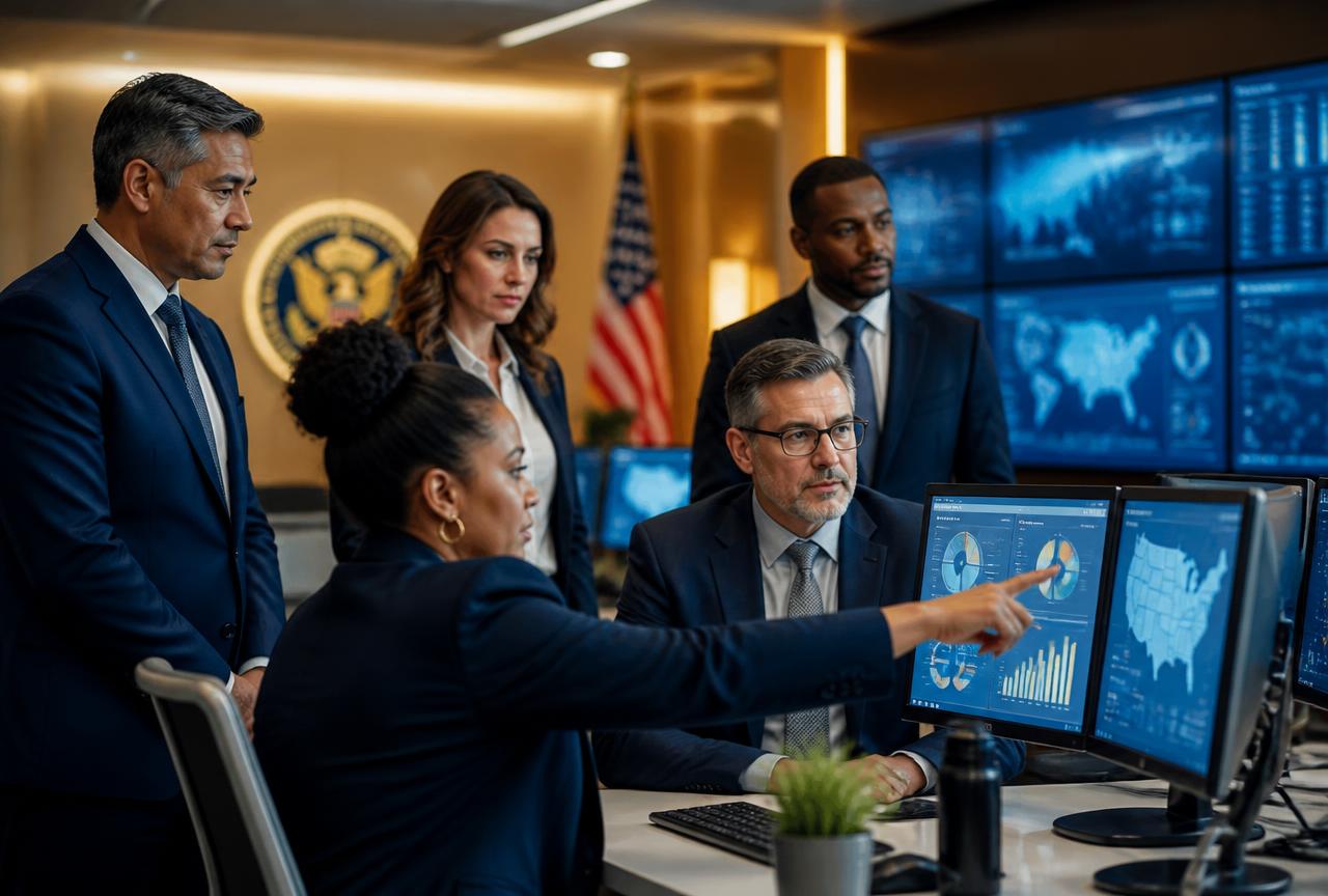 Government security team reviewing dashboards in a command center
