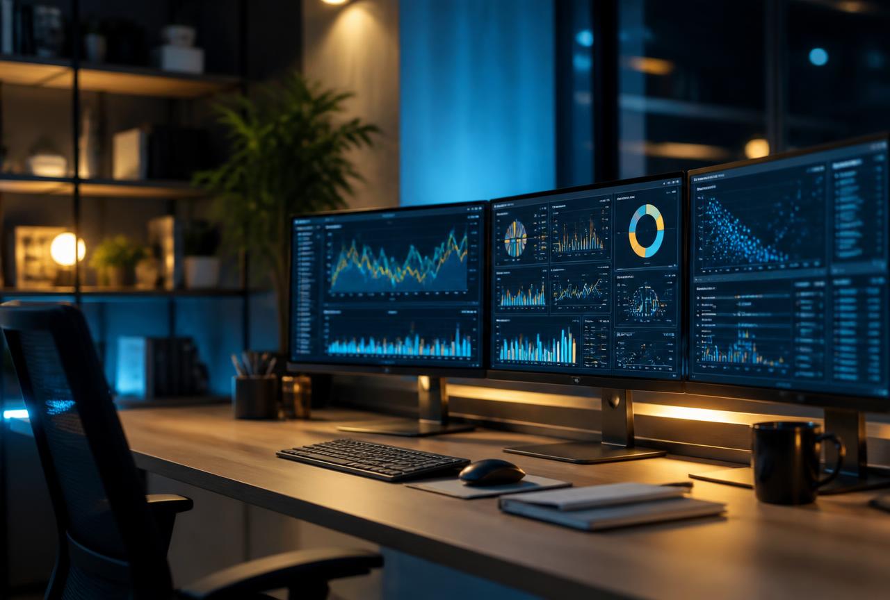 Modern analytics workspace with data dashboards on multiple screens