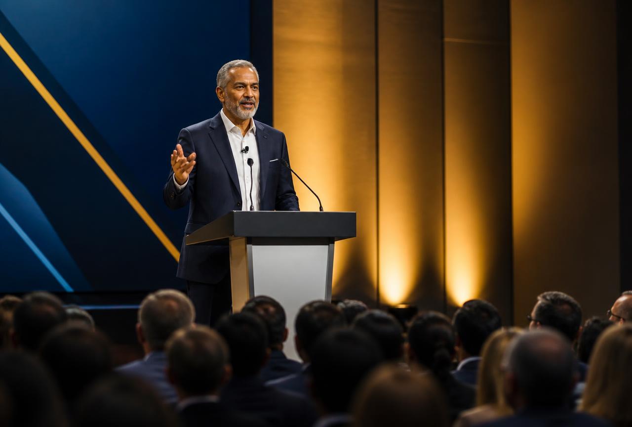Senior executive delivering a leadership presentation to an audience