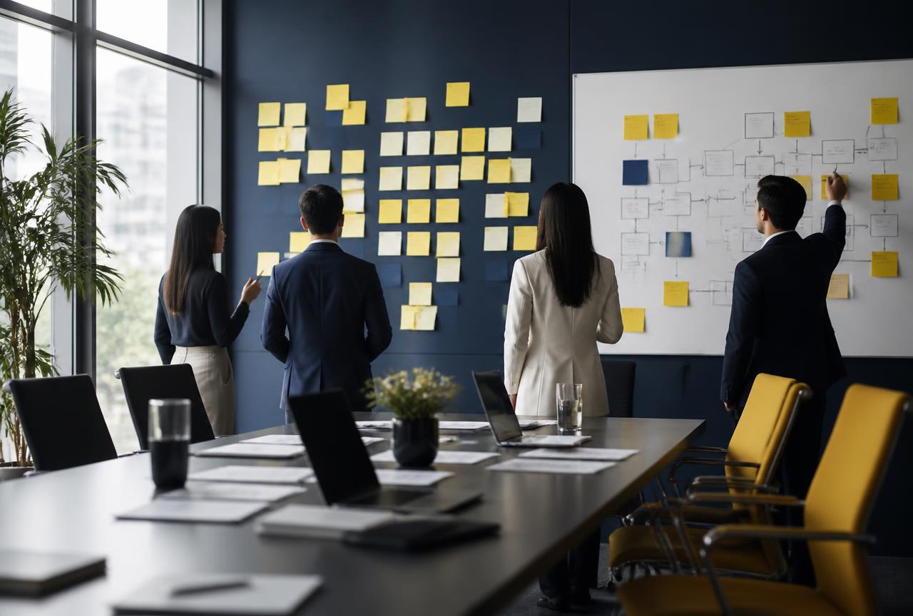 Strategy wall with sticky notes and flowcharts during a planning session